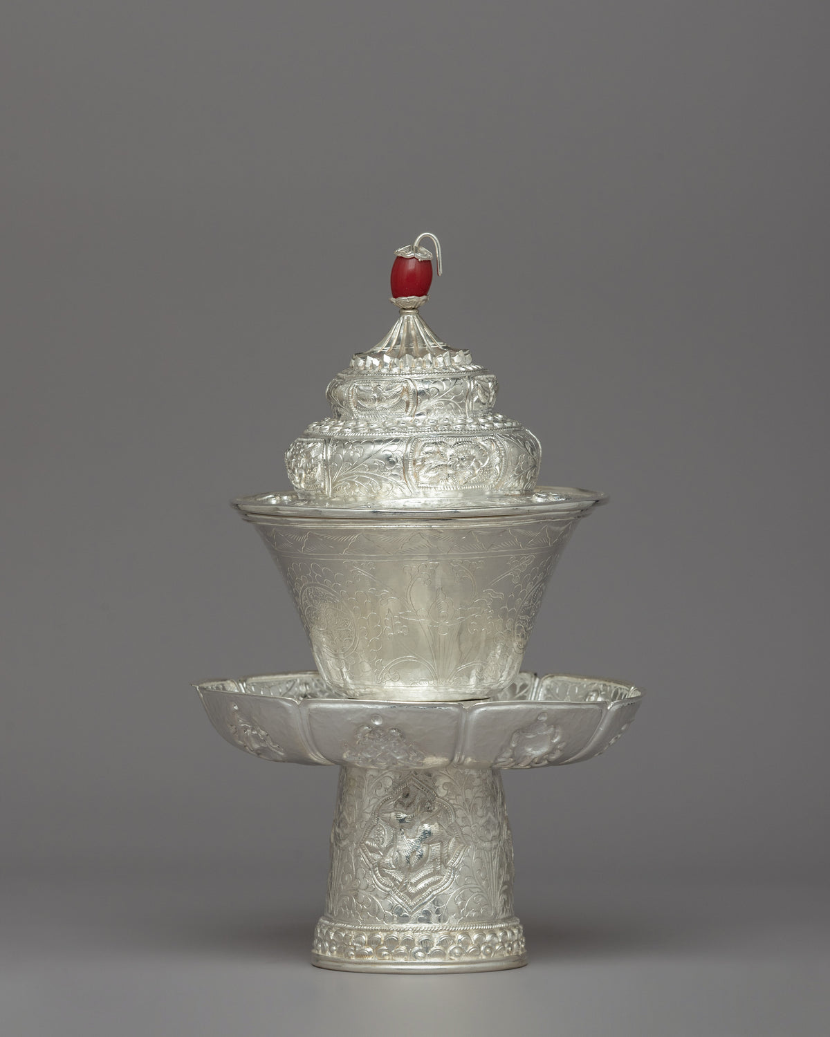 Silver Tea Cup with Red Stone