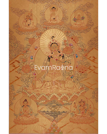 Gold Style White Tara Flanked with other Bodhisattva | Tibetan Buddhism Thangka