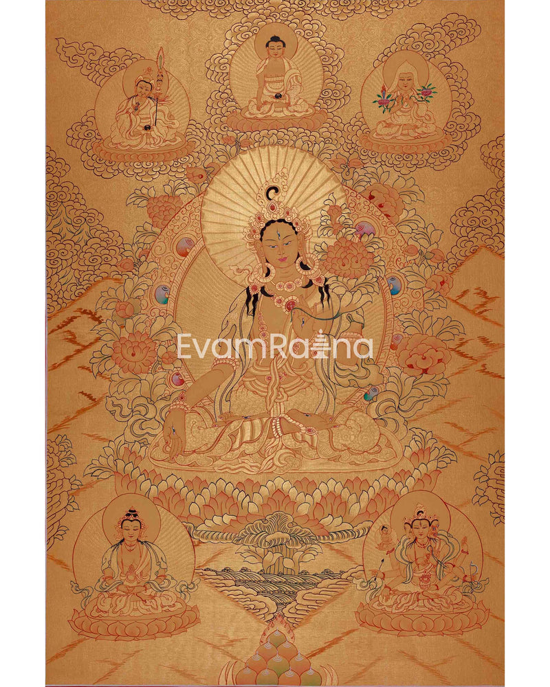 Gold Style White Tara Flanked with other Bodhisattva | Tibetan Buddhism Thangka