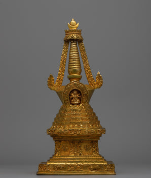 Exquisite Tibetan Stupa with Gold-Plated Buddha Figurine