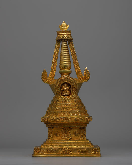 Exquisite Tibetan Stupa with Gold-Plated Buddha Figurine