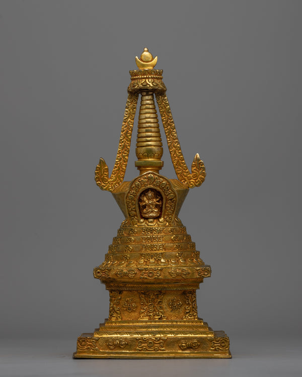 Exquisite Tibetan Stupa with Gold-Plated Buddha Figurine