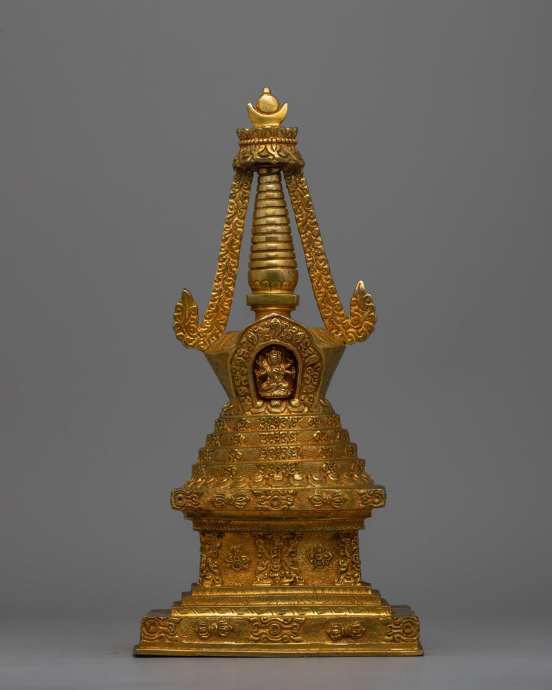 Exquisite Tibetan Stupa with Gold-Plated Buddha Figurine