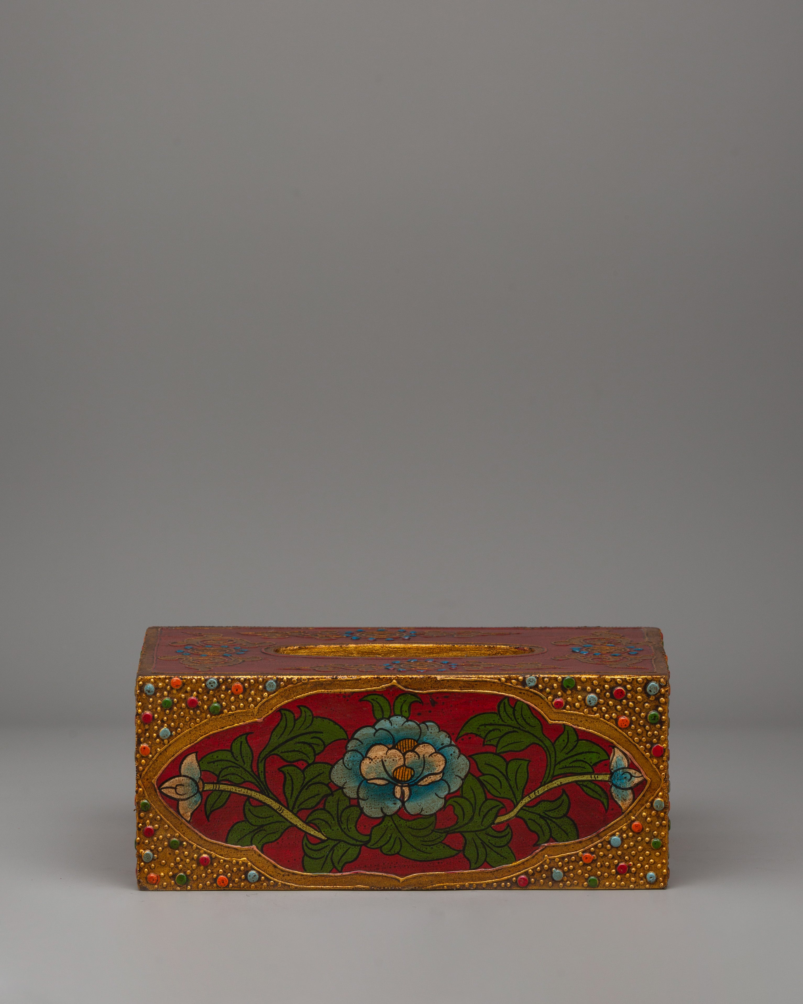 Handmade Tibetan Floral Tissue Holder | Painted Wooden Decor