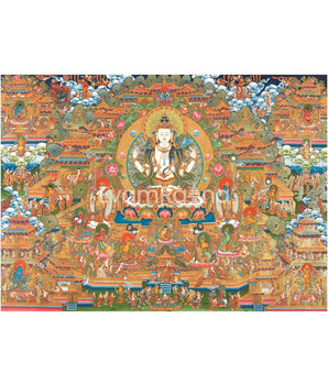 Traditional 4 Armed Chengrezig Buddha | Horizontal Original Thangka Painting | 24K Gold Work