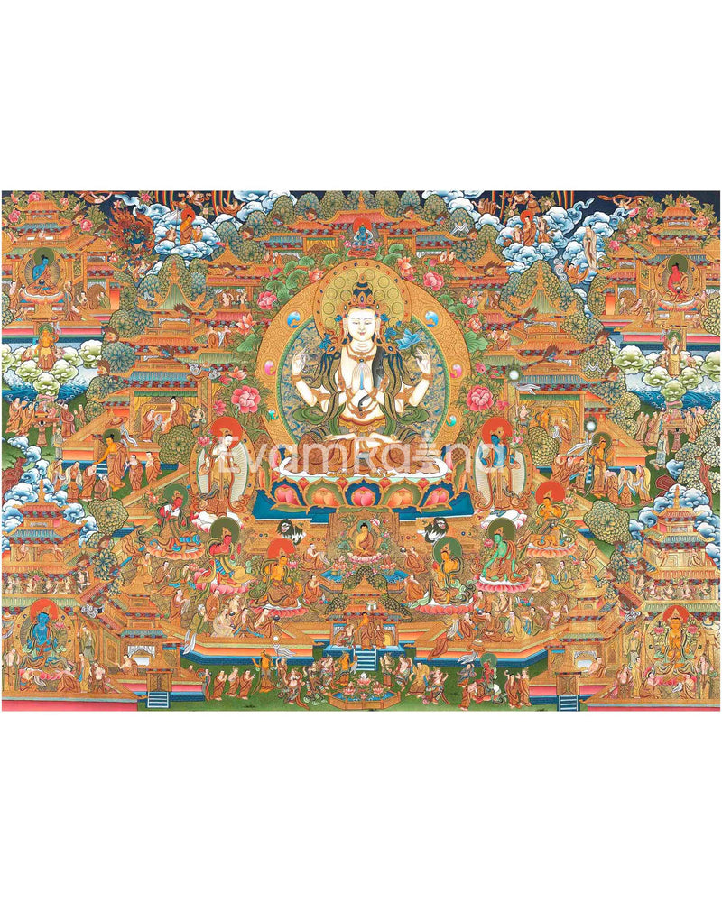 Traditional 4 Armed Chengrezig Buddha | Horizontal Original Thangka Painting | 24K Gold Work