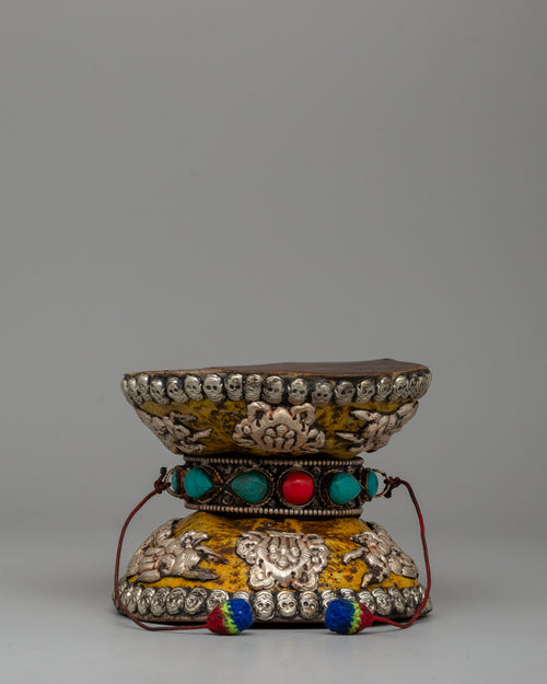 Ritual Drum with White Metal, Coral & Turquoise | Buddhist damaru