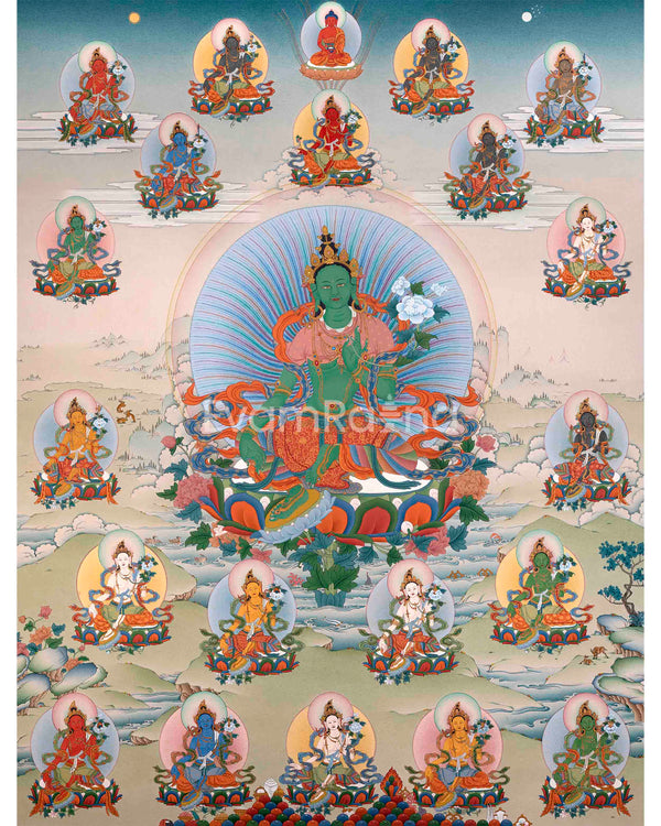 Traditionally Crafted Thangka Print For 21 Tara Praise