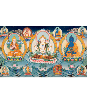Tsongkhapa , Chengresig And Medicine Buddha Thangka