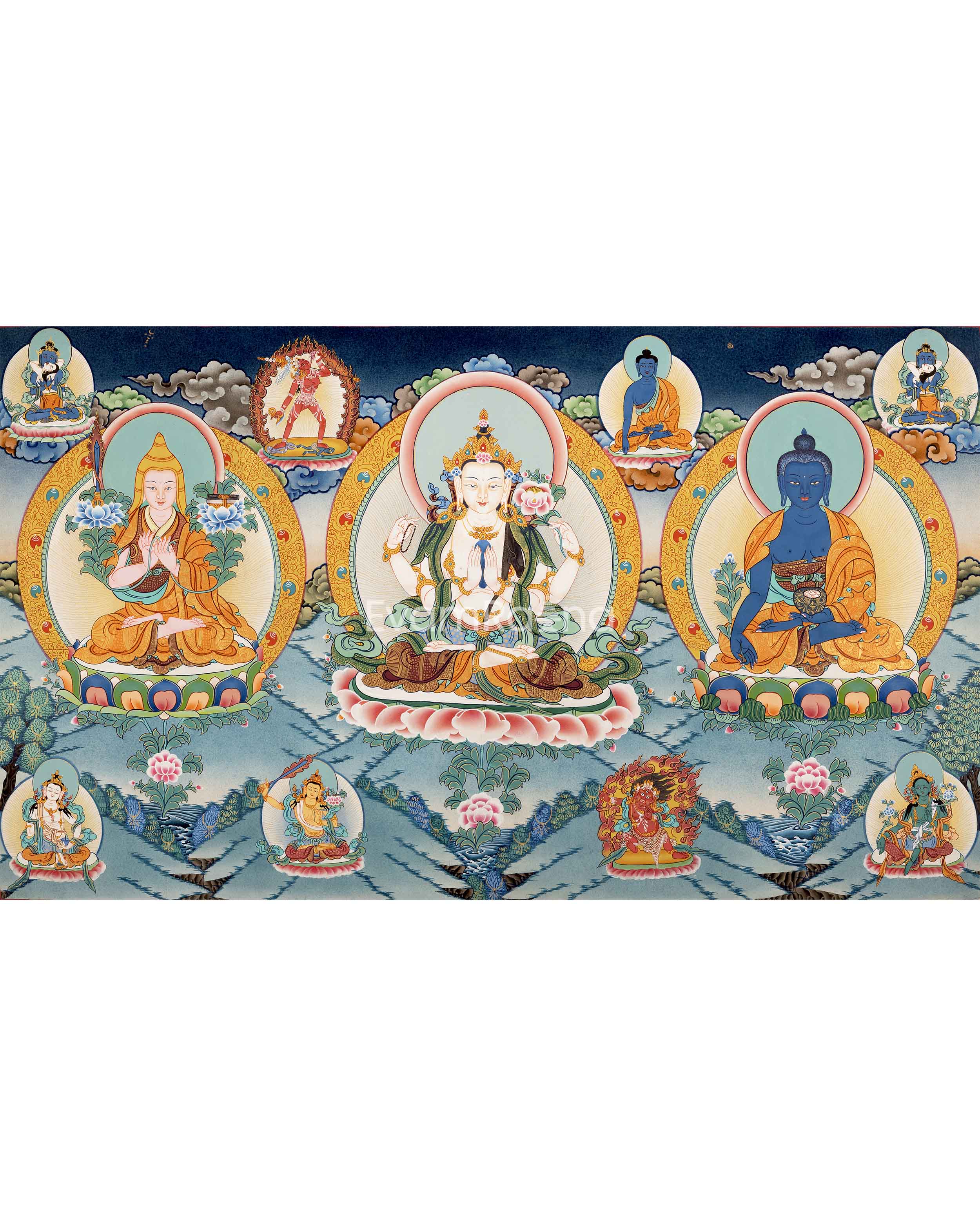 Tsongkhapa , Chengresig And Medicine Buddha Thangka