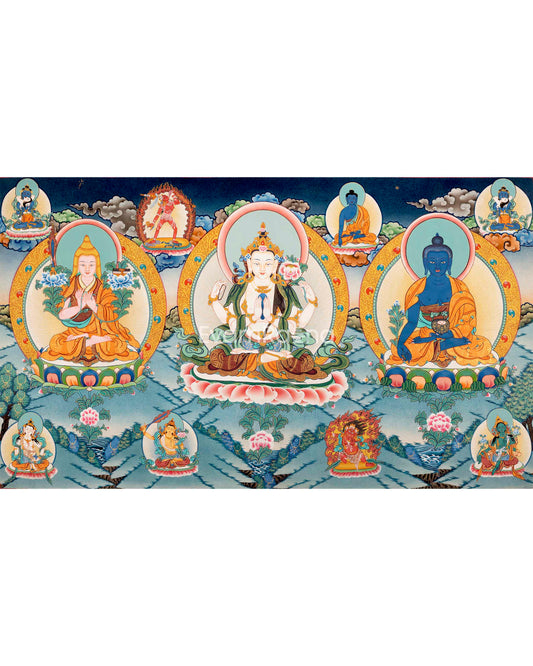 Tsongkhapa , Chengresig And Medicine Buddha Thangka