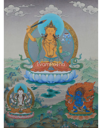 Buddhist Art: The Manjushri Thangka Print | Marvelous Manjushree Wall Decor | Tibetan Buddhism Art