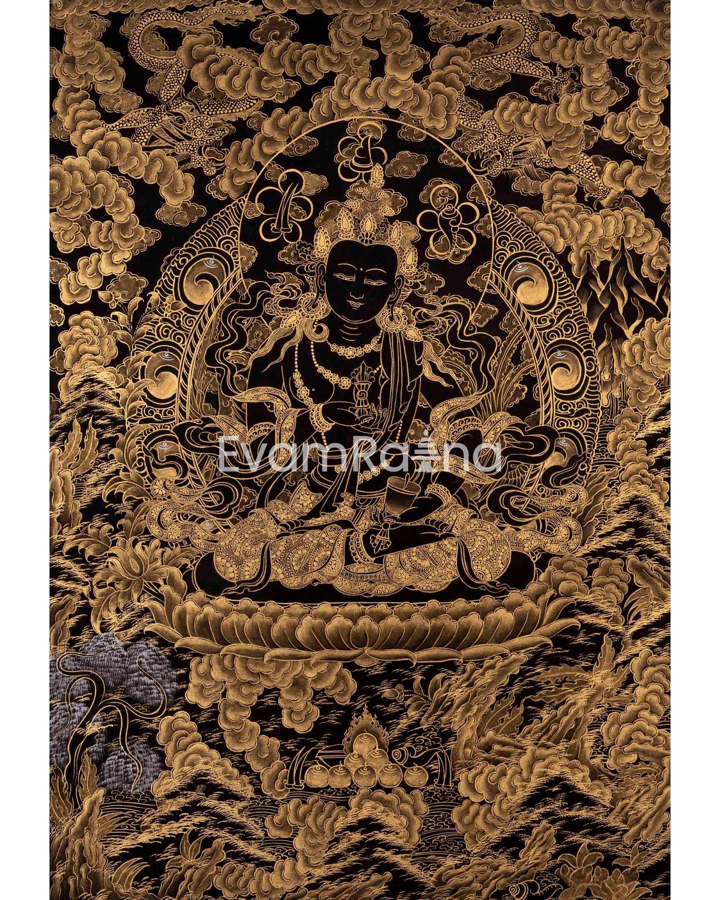 Black and Gold Shakyamuni Buddha & Bodhisattvas Thangka | Wall Decor Gifts