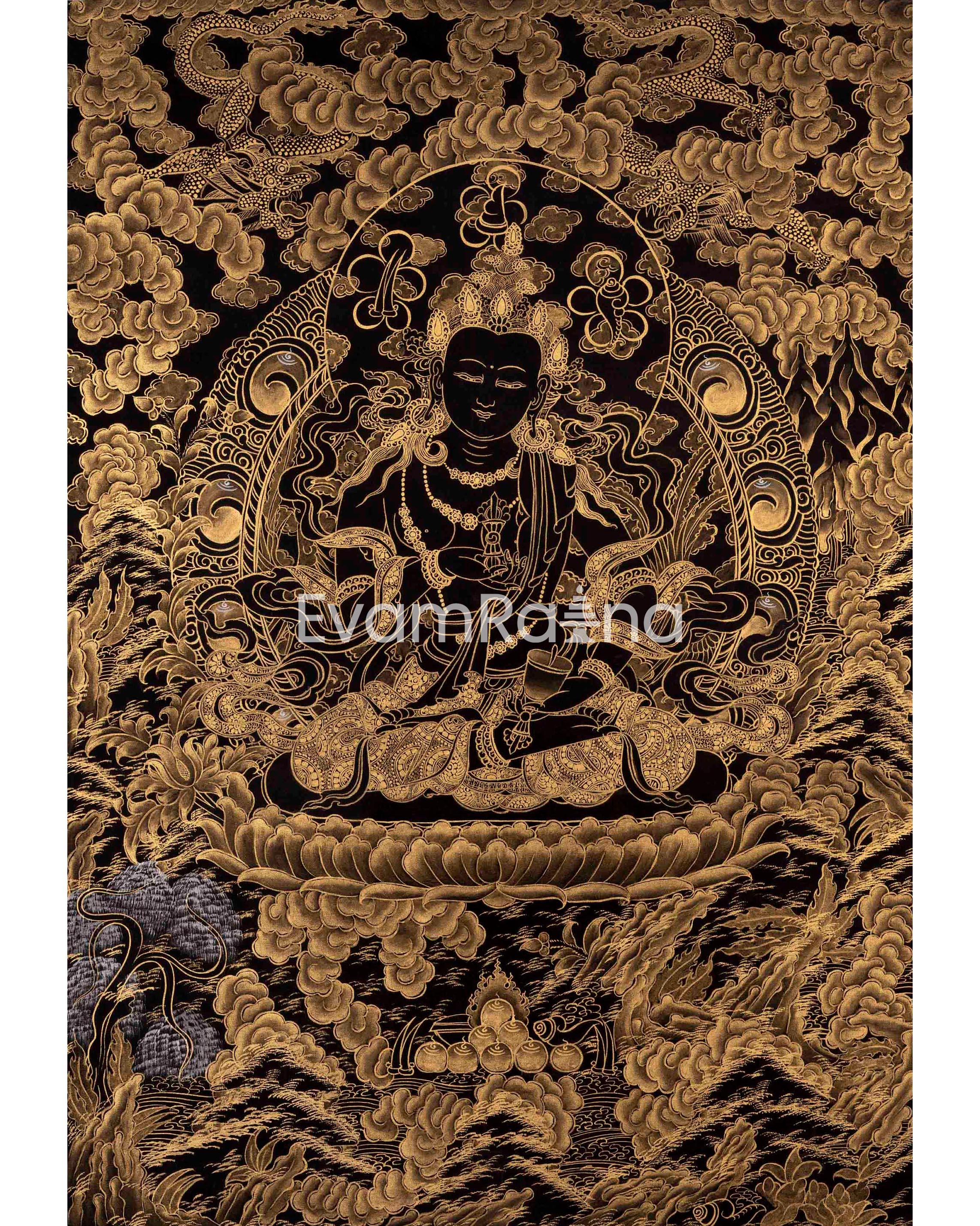Black and Gold Shakyamuni Buddha & Bodhisattvas Thangka | Wall Decor Gifts