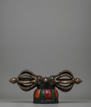 Iron Vajra with a Wooden Base and Turquoise Coral Inlays 