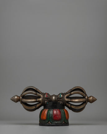Iron Vajra with a Wooden Base and Turquoise Coral Inlays 