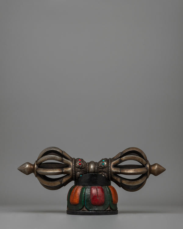 Iron Vajra with a Wooden Base and Turquoise Coral Inlays 