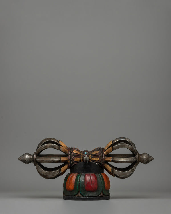 Iron Vajra with Turquoise and Painted Wooden Base