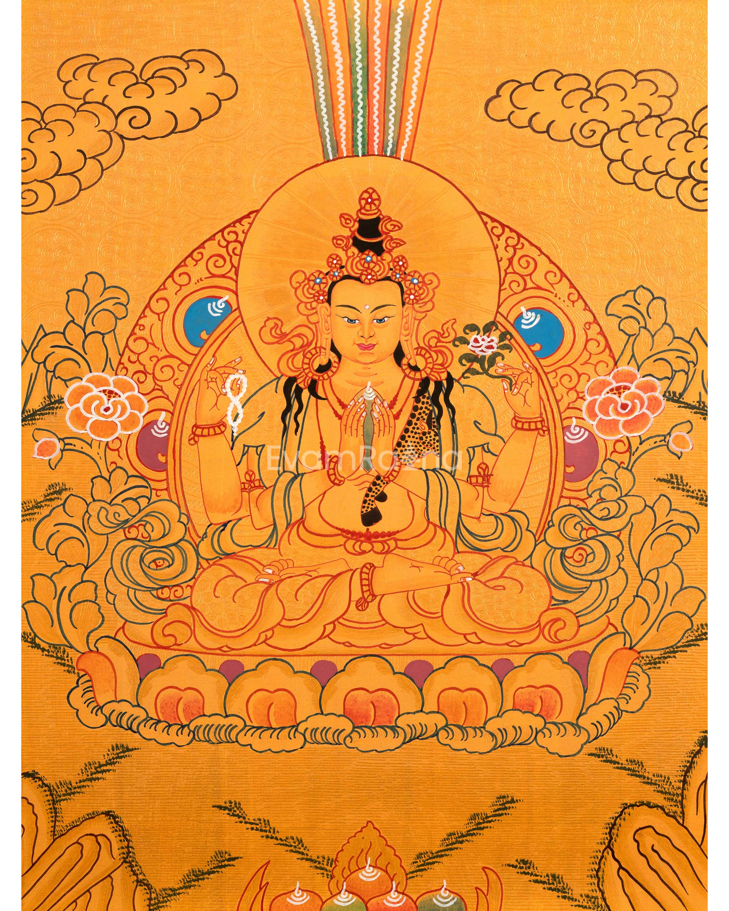 Sacred Thangka of Four-Armed Chenrezig | Tibetan Bodhisattva of Compassion
