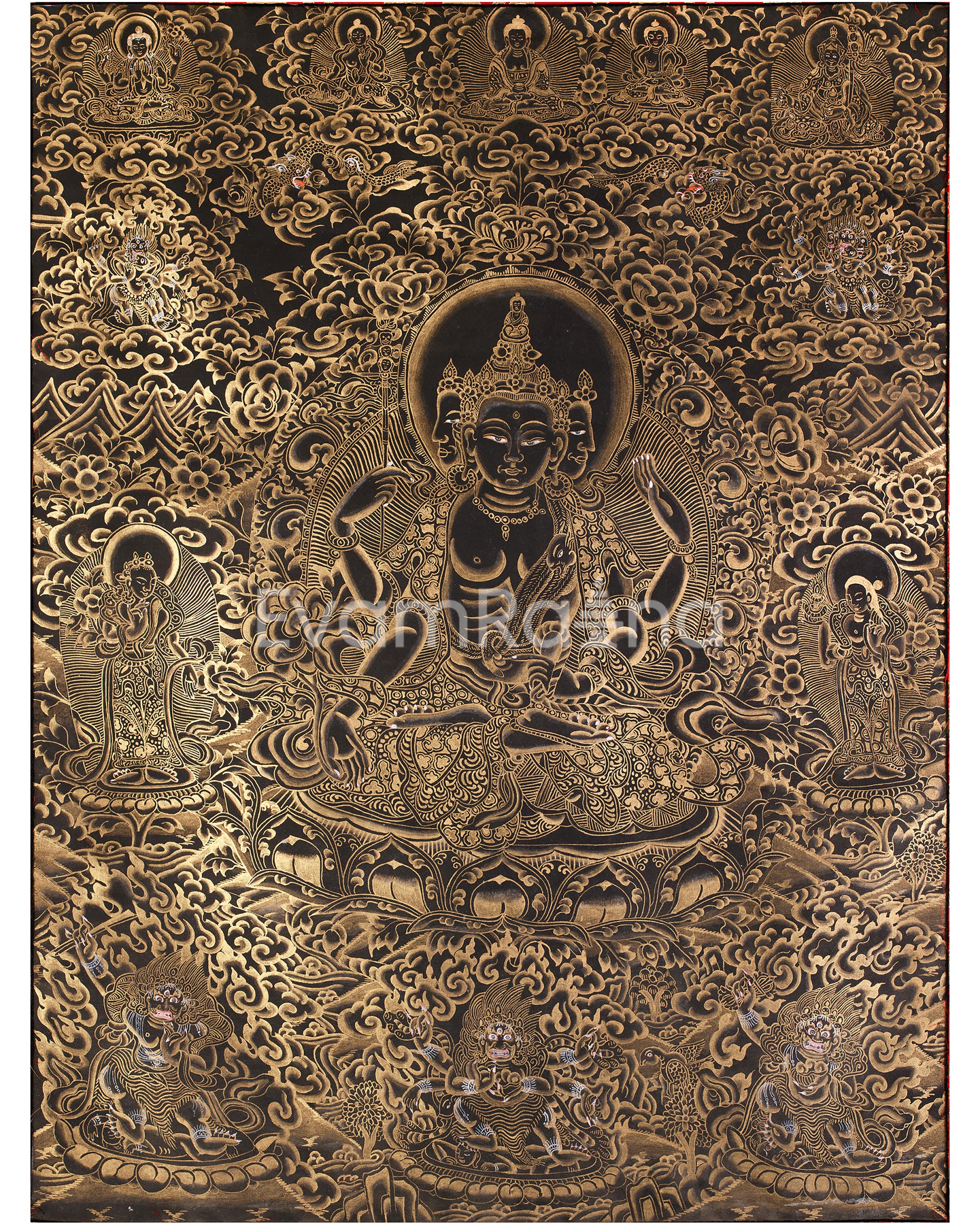 Unique Gold-Embellished lokeswara Thangka | Brocade Mounted