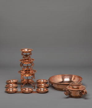 Copper Buddhist Water Offering Set | Traditional Tibetan Ritual Offering Vessel