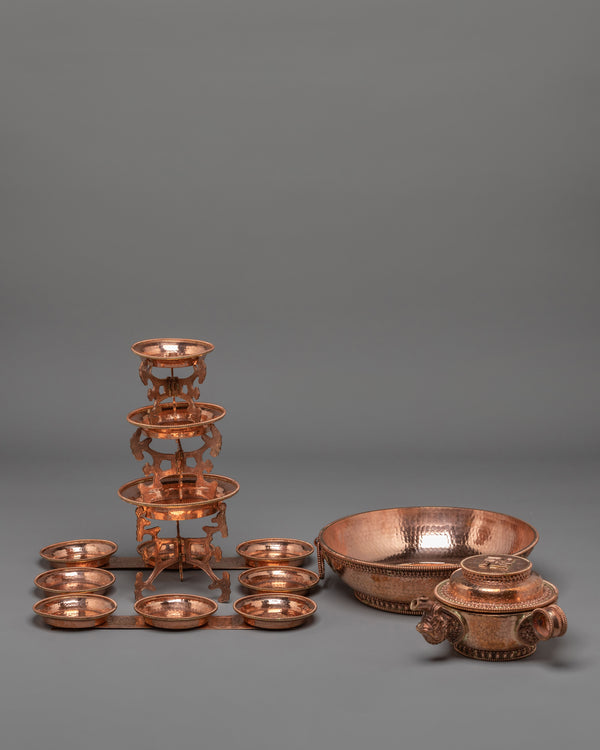 Copper Buddhist Water Offering Set | Traditional Tibetan Ritual Offering Vessel