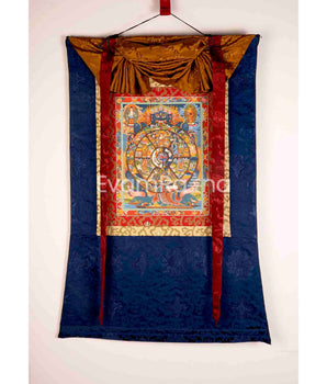 Brocade Mounted Wheel Of Life | Original Hand Painted Tibetan Thangka | Wall Decoration Painting |