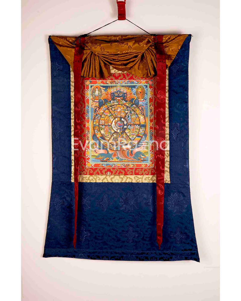 Brocade Mounted Wheel Of Life | Original Hand Painted Tibetan Thangka | Wall Decoration Painting |