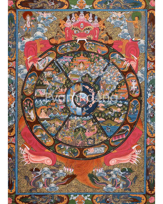 Fine Quality Wheel Of Life | Bhavachakra Painting for Buddhist Meditation and Yoga | Original Hand painted Tibetan Thangka for Wall Hanging