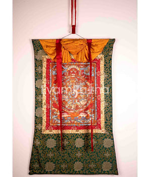 Wheel of Life Thangka with Brocade Silk Frame | Tibetan Bhavacakra Mandala
