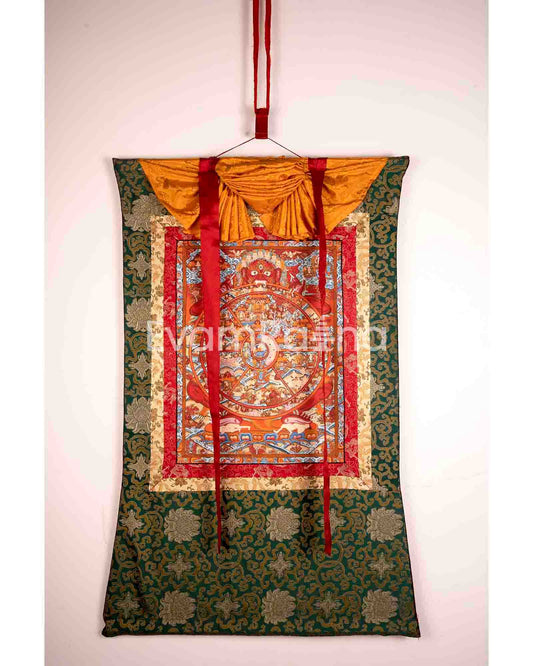 Wheel of Life Thangka with Brocade Silk Frame | Tibetan Bhavacakra Mandala