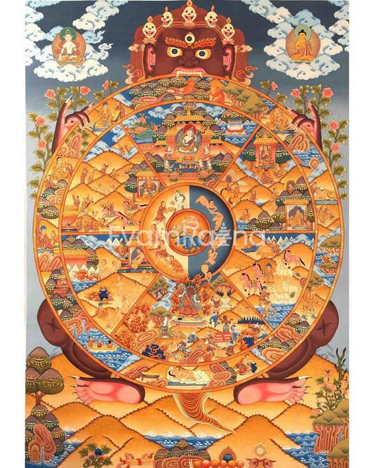 Genuine Hand Painted Tibetan Wheel Of Life Bhavachakra | Traditional Hand Painted Thangka for Yoga And Meditation