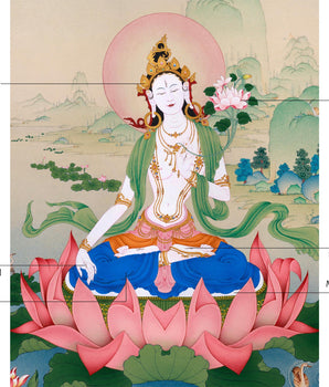 Radiant Grace: An Exquisite White Tara Thangka, Unique Depiction in Exceptional Quality
