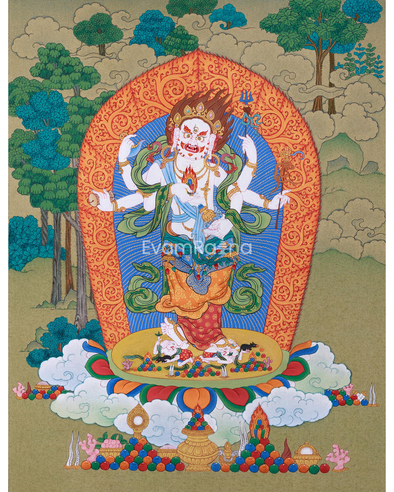 White Mahakala in Sandalwood Jungle, Wonderful Depiction in Thangka