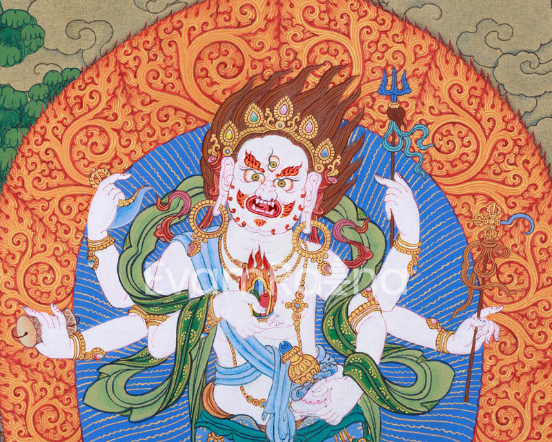 White Mahakala in Sandalwood Jungle, Wonderful Depiction in Thangka