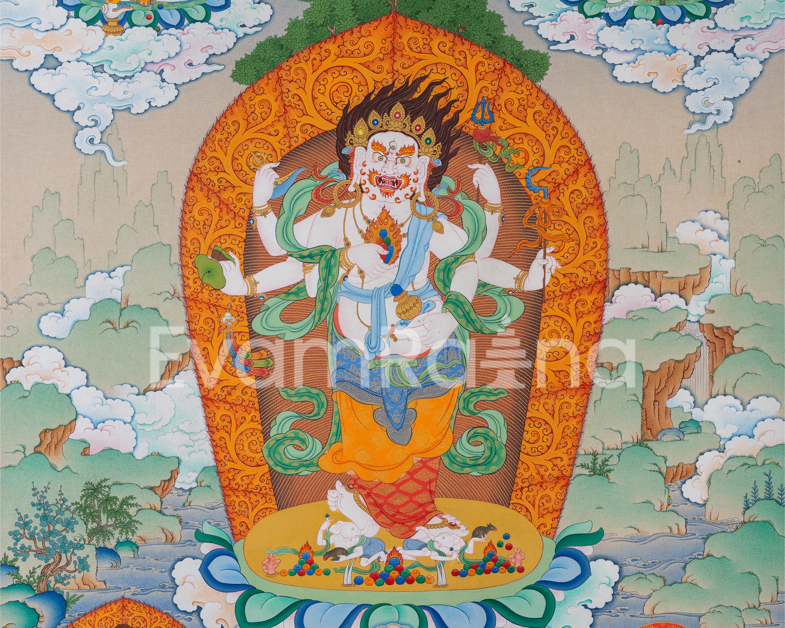Thangka Print of White Mahakala with Five Jambala: Assembly of Wealth Deities