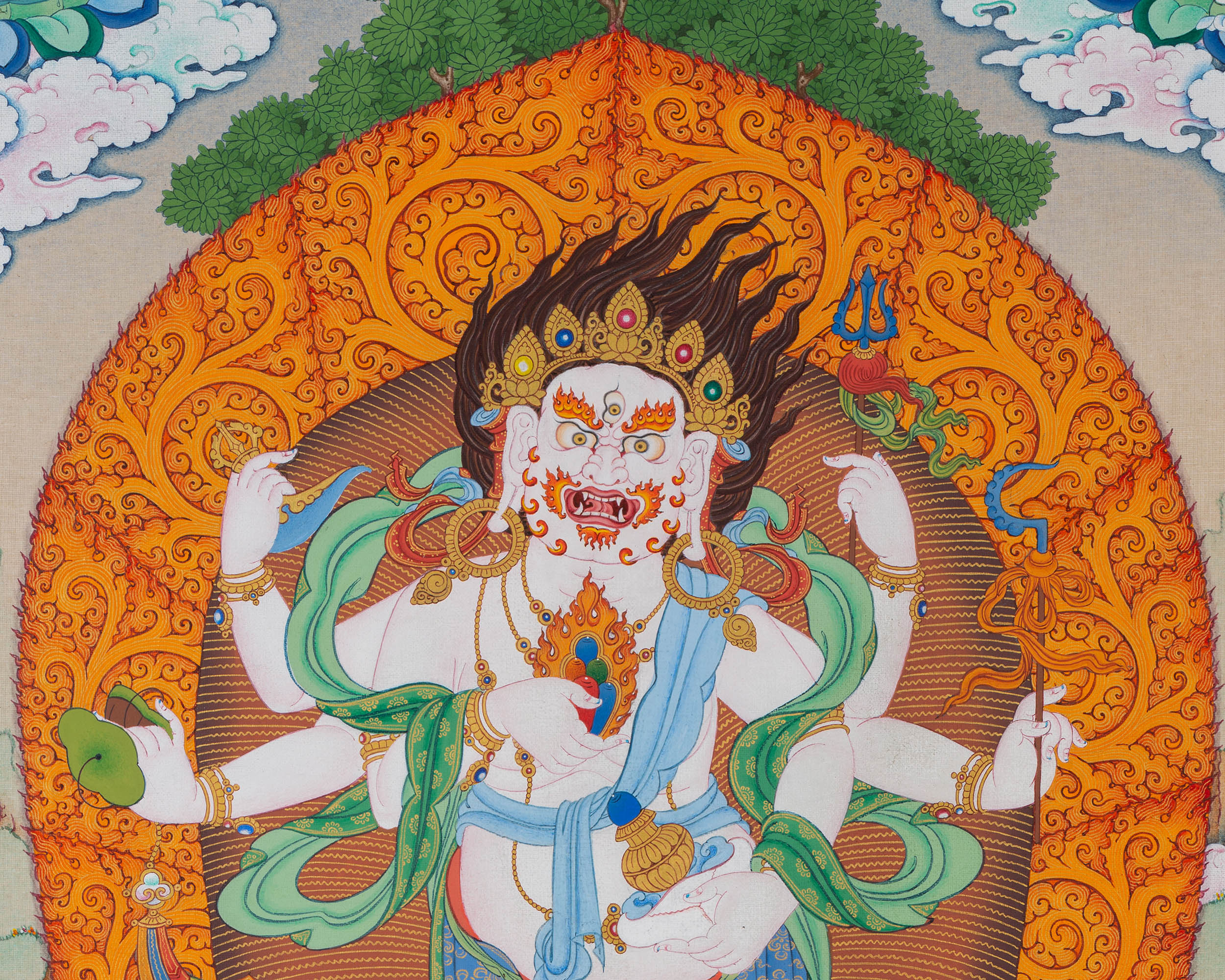 Thangka Print of White Mahakala with Five Jambala: Assembly of Wealth Deities