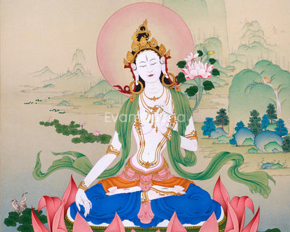 Radiant Grace: An Exquisite White Tara Thangka, Unique Depiction in Exceptional Quality