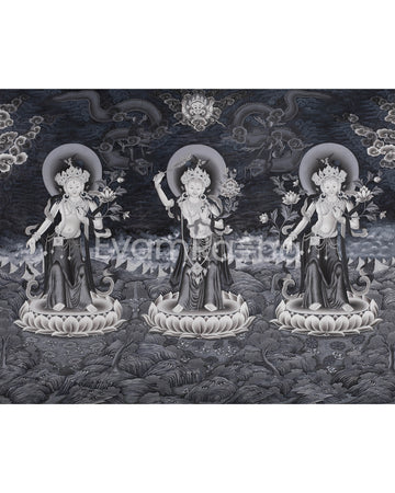White Tara, Manjushri and Green Tara Standing Thangka Print