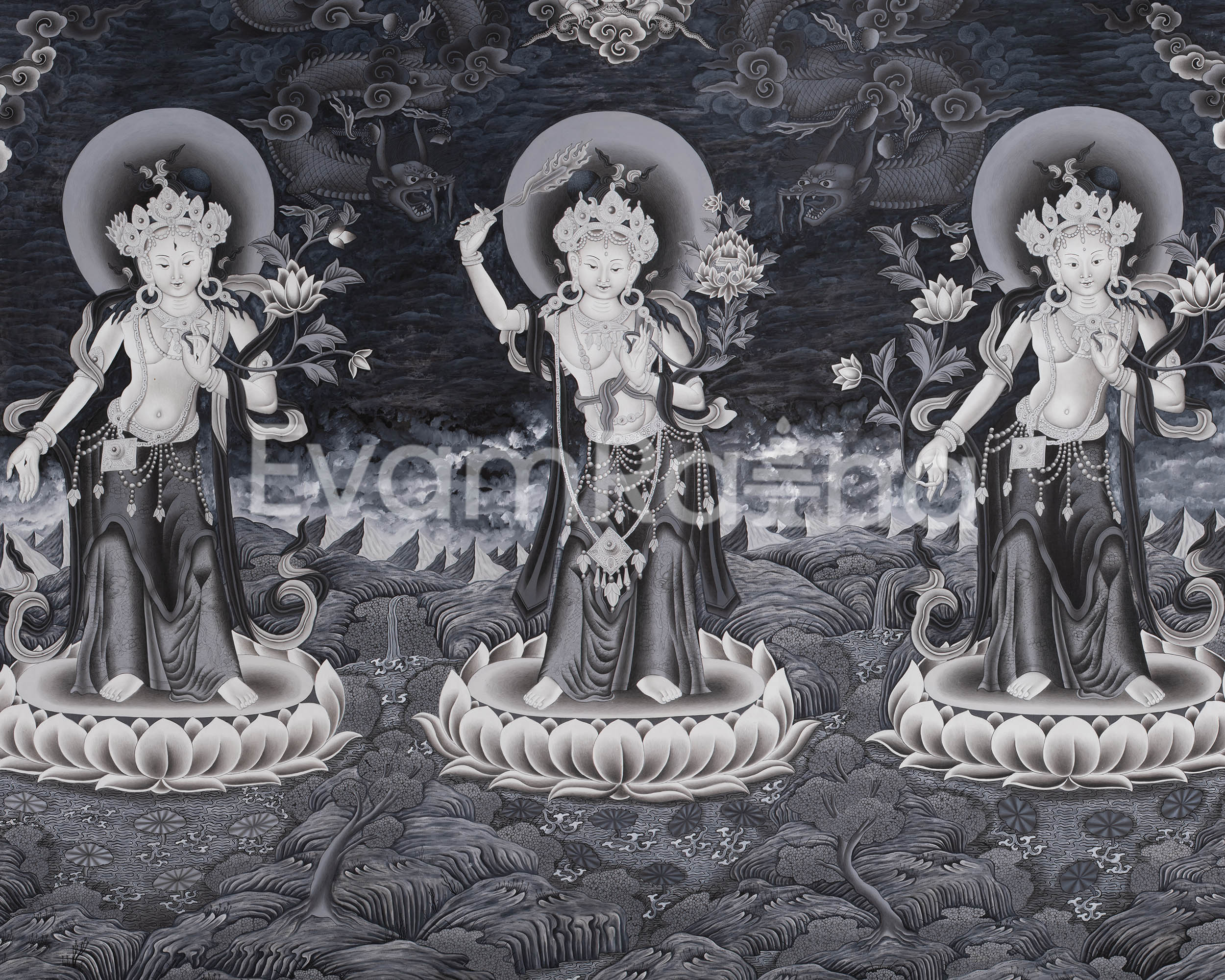 White Tara, Manjushri and Green Tara Standing Thangka Print | Newari Style Print