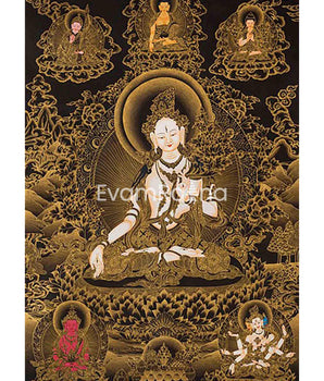 Black and Gold Style White Tara Thangka Art | Original Hand Painted Tibetan Thangka Painting | Meditation And Yoga | Wall Hanging Decoration
