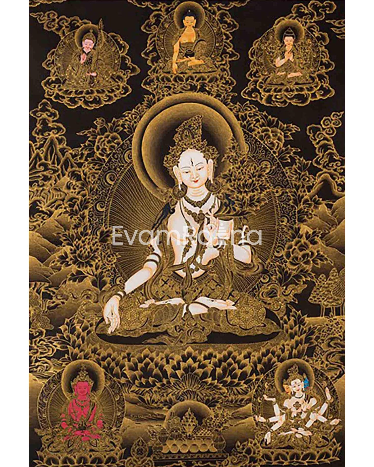 Black and Gold Style White Tara Thangka Art | Original Hand Painted Tibetan Thangka Painting | Meditation And Yoga | Wall Hanging Decoration