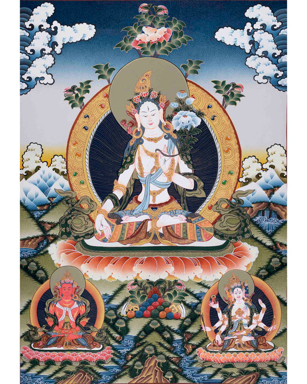 Traditionally Hand-Painted White Tara Thangka | Goddess of Compassion
