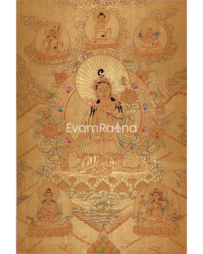 Gold Style White Tara Flanked with other Bodhisattva