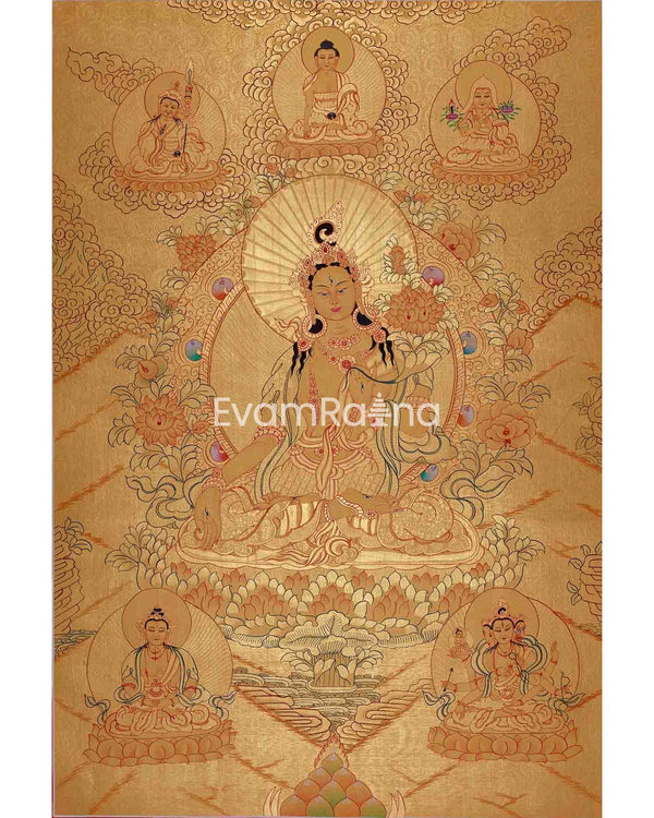 Gold Style White Tara Flanked with other Bodhisattva