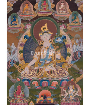 Original Hand-Painted White Tara With Other Bodhisattvas