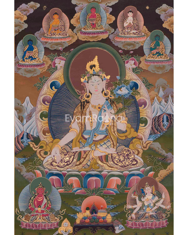 Original Hand-Painted White Tara With Other Bodhisattvas