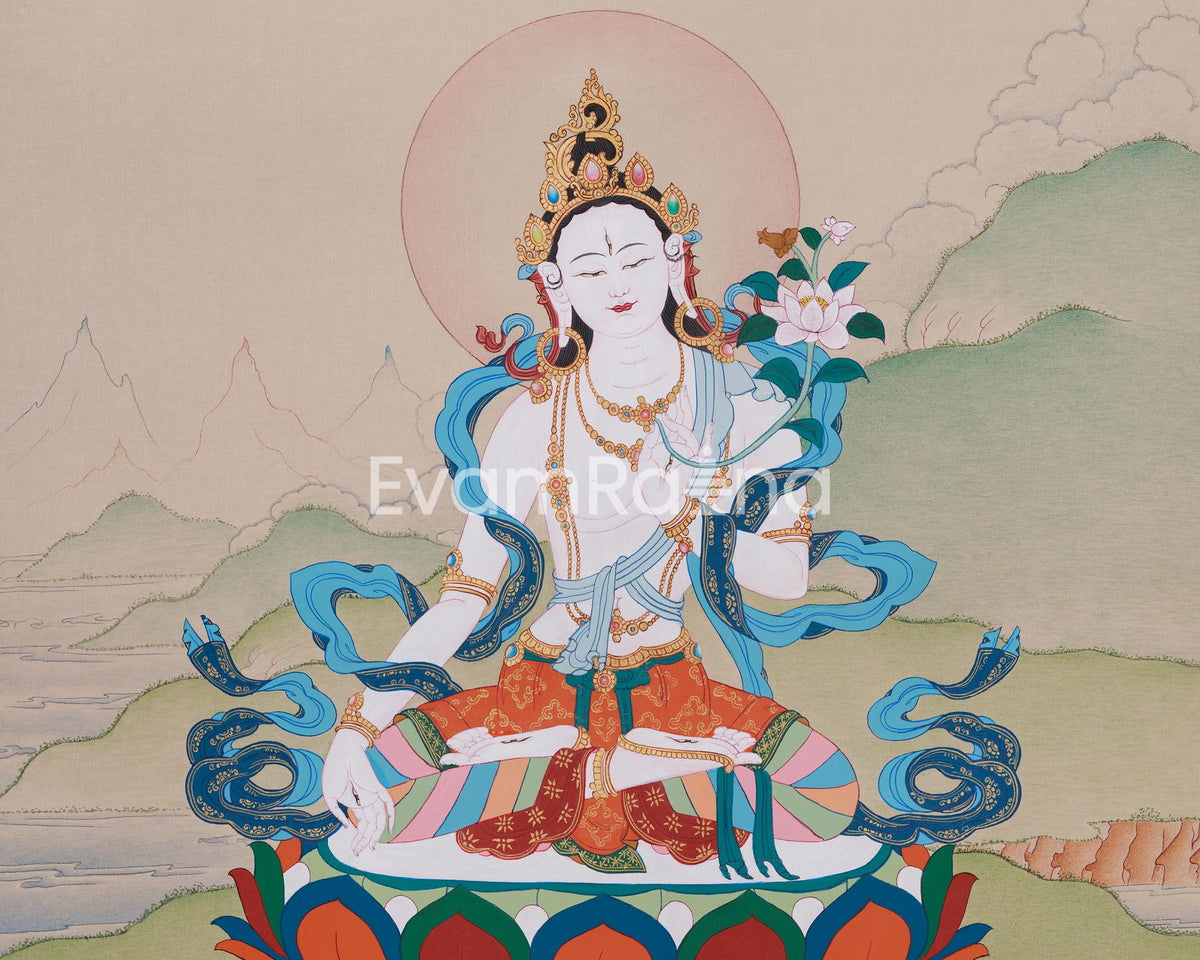 Female Deity White Tara Thangka | For Healing and Protection
