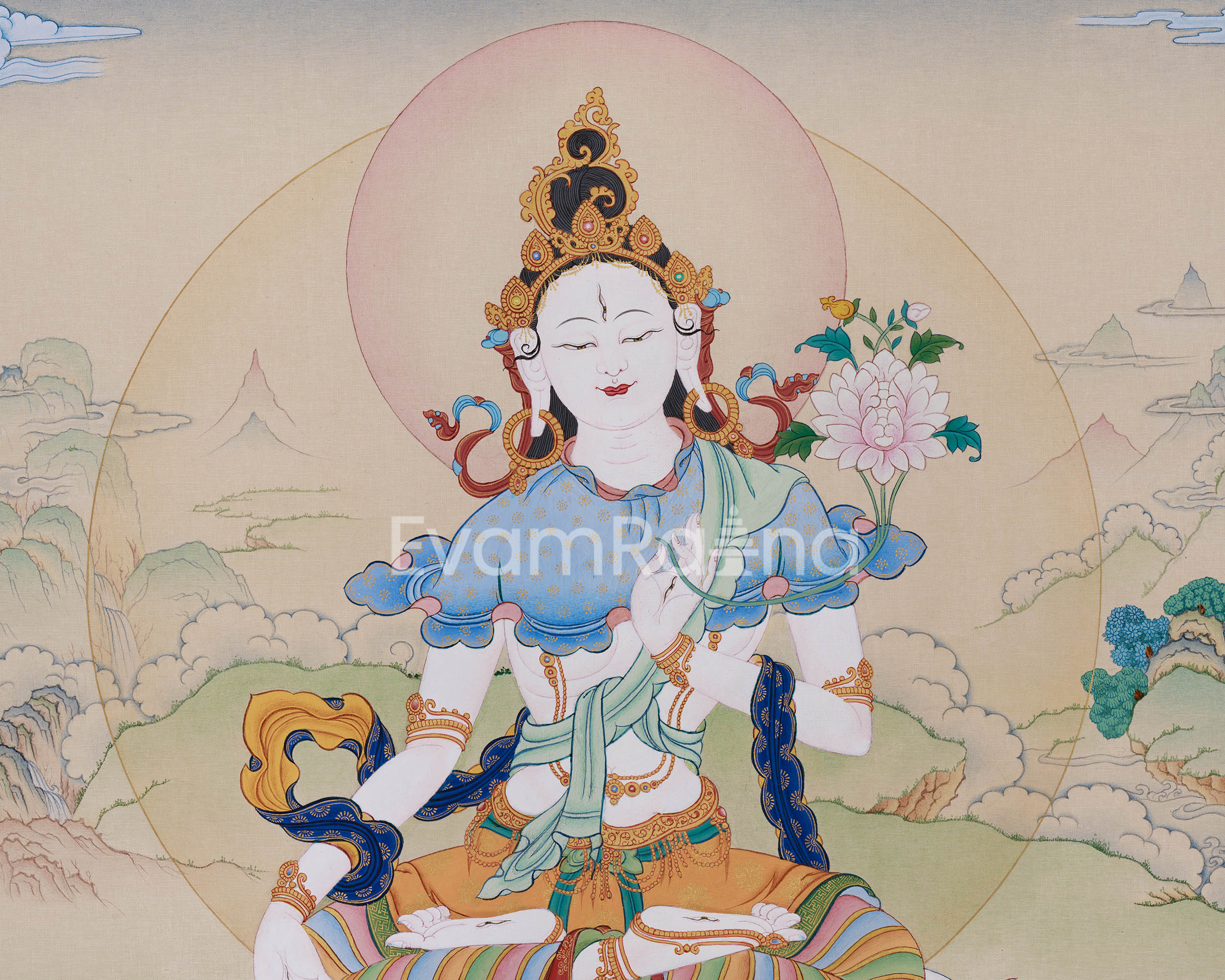 White Tara 24 Inches Thangka | Tibetan Painting of Compassion and Longevity