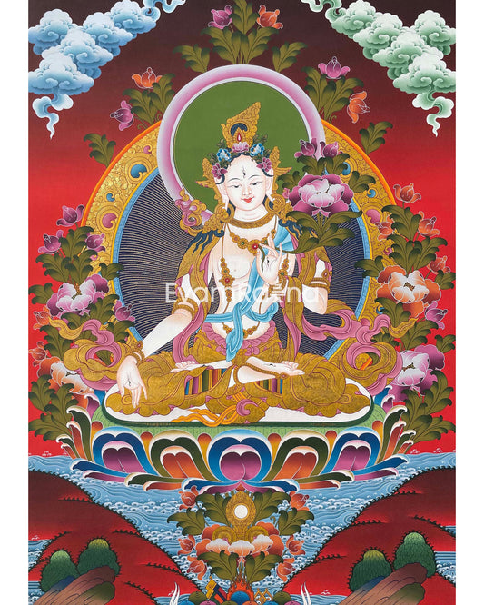 Original Hand-Painted White Tara Thangka | Religious Wall Decor | Thangka Painting |